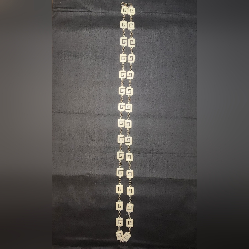 Vintage Crown Trifari Greek Key Link Necklace.  White Enamel 36”.